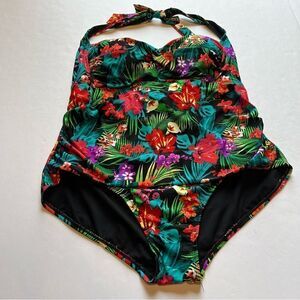 Catalina Women's One Piece Swim Suit Black/Red Floral Multi Size 3X (22W-24W)